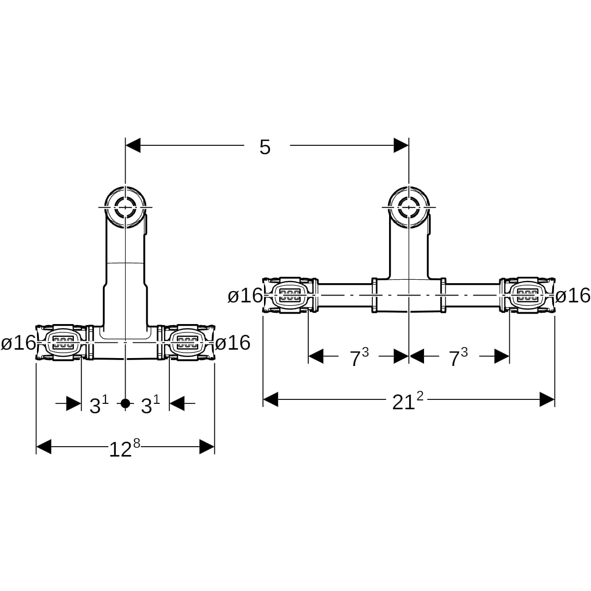 Geberit FlowFit Set Anschluss-T-Stück für Vorlauf/Rücklauf SiBr d16-15-16 619.440.22.2