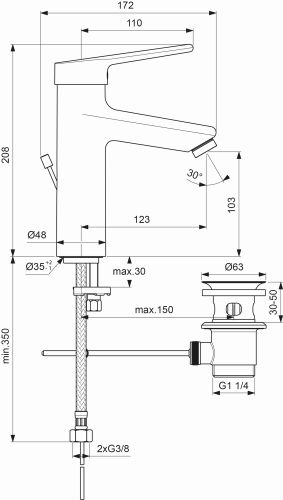 Ideal Standard Ceraplus 2 Waschtischarmatur Grande mit Ablaufgarnitur chrom, Ausladung 123mm BC099AA