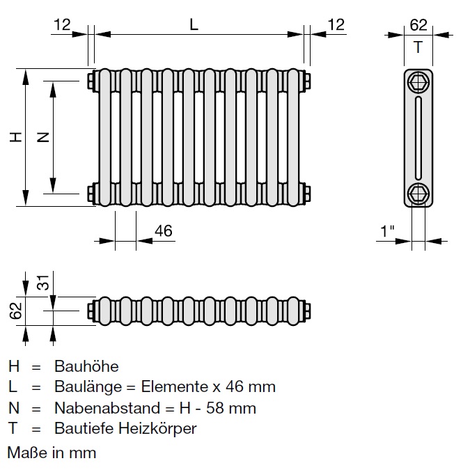 Zehnder Röhrenradiator Charleston Austausch 2-Säuler H: 95,8 L: 294,4cm, Modell 2096-64, weiß ZC323764B101000