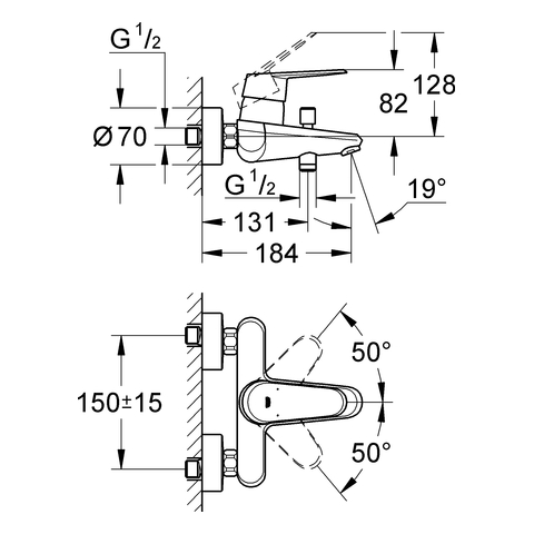 Grohe Eurodisc C Einhand-Wannenbatterie chrom Wandmontage eigensicher 33390002