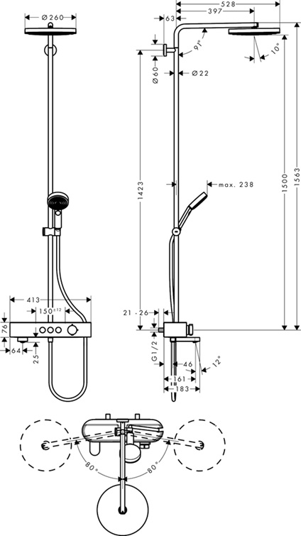 Hansgrohe Showerpipe Pulsify S 260 1 jet mit Wannenthermostat Aufputz chrom 24230000