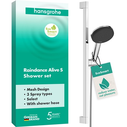 Hansgrohe Brauseset Raindance Alive Select S 125 3jet EcoSmart mit Brausestange Unica E Puro 650mm und Easy Slide Brausehalter, Chrom 24600000