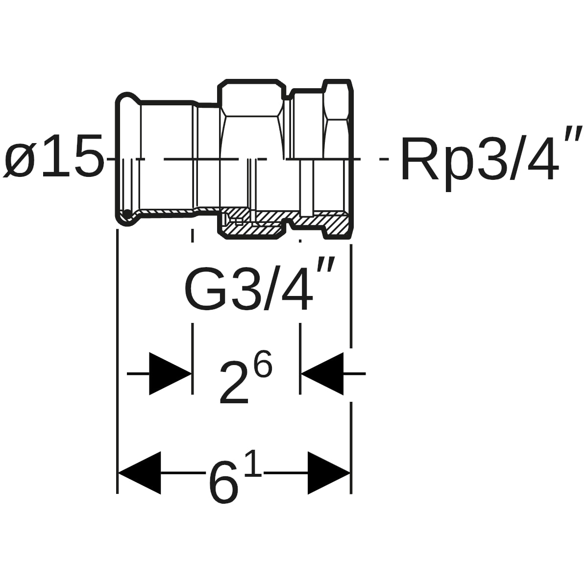 Geberit Mapress Edelstahl Übergangsverschraubung mit IG (LABS-frei) d15-Rp3/4 85301