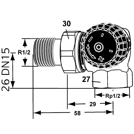 Heimeier Thermostatventil Winkeleck/rechts 1/2" Standard DN15 (1/2") Anschluss am Heizkörper rechts 2310-02.000