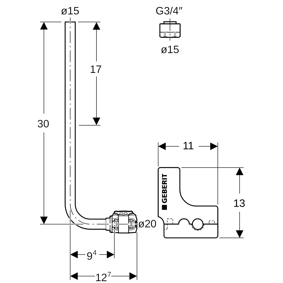 Geberit FlowFit Metallrohr-Anschlussbogen 90 Grad SiBr/Cu d20-d15 L30 619.401.22.1