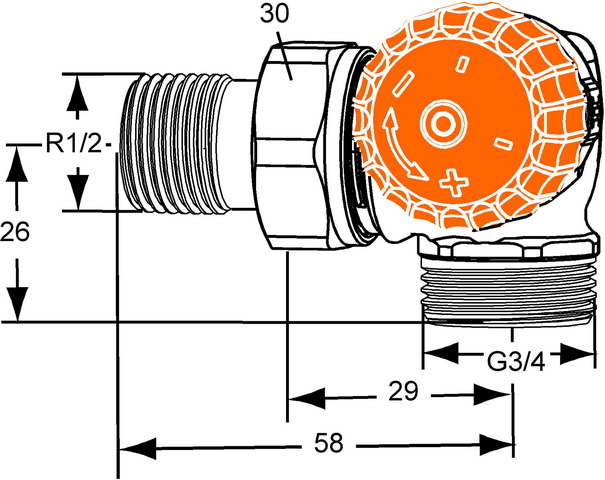 Heimeier Thermostatventil Eclipse, Winkeleck/rechts, Außengewinde G3/4 automatische Durchflussregelung 3939-02.000