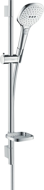 Hansgrohe Brauseset Raindance Select E 120 3jet EcoSmart mit Brausestange 650mm und Seifenschale, Weiß/Chrom 26622400