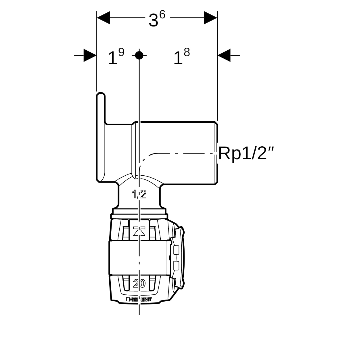 Geberit FlowFit Eckanschlusswinkel 90 Grad Rg+ d20-Rp1/2 L:36mm 620.881.00.1