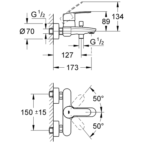 Grohe Eurostyle C Einhand-Wannenbatterie chrom Wandmontage 33591002