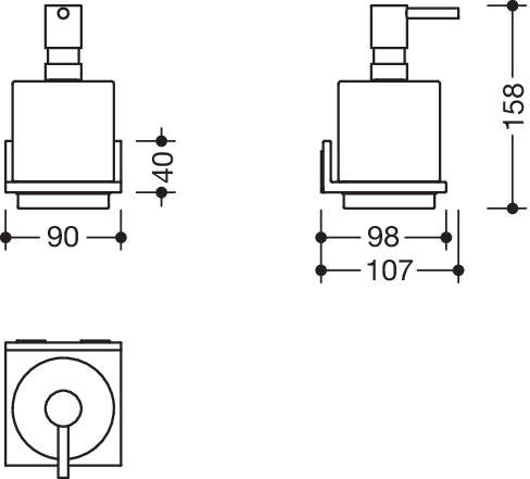 HEWI Seifen-oder Desinfektionsspender mit Halter, Metall, Seifenspender Kristallglas, satiniert, Pumpenkopf dunkelgrau perlglimmer tiefmatt 900Q06.00060 SC