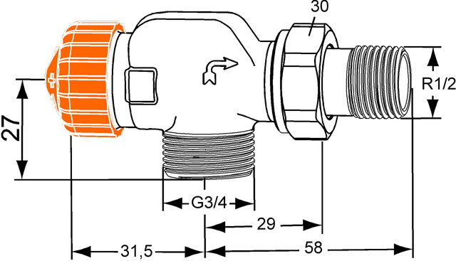 Heimeier Thermostatventil Eclipse, Axialform, DN15, Außengewinde G3/4 automatische Durchflussregelung 3937-02.000