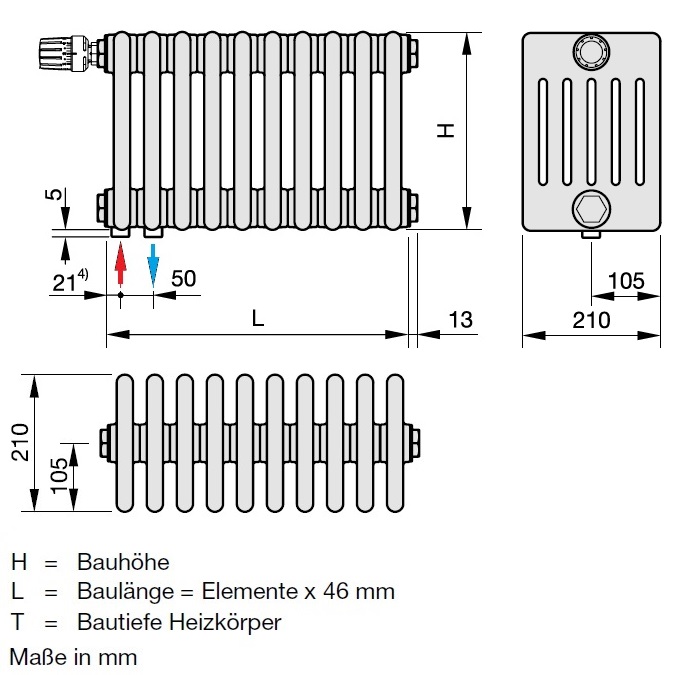 Zehnder Röhrenradiator Charleston Completto 6-Säuler H: 180 L: 101,2cm, Modell 6180-22, weiß ZC164422B1C1000