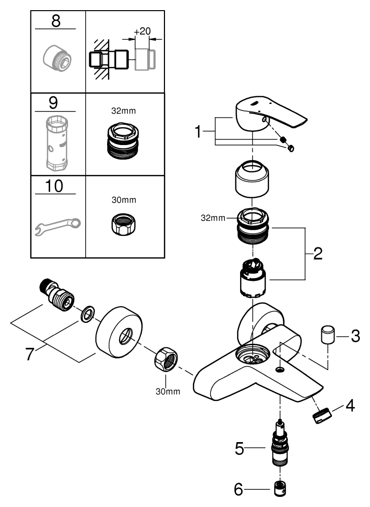 Grohe Eurosmart Einhand-Wannenbatterie chrom Wandmontage eigensicher 33300003