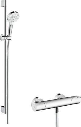 Hansgrohe Crometta Brausesystem Aufputz Vario mit Ecostat 1001 CL Thermostat und Brausestange 900mm, Weiß/Chrom 27813400
