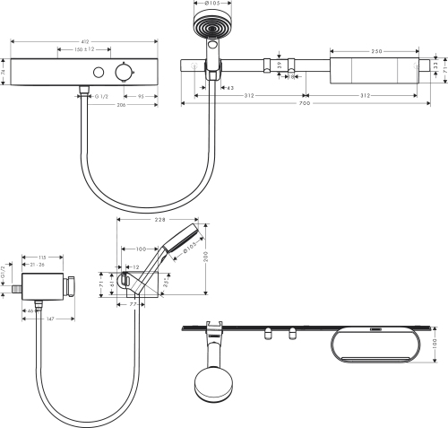 Hansgrohe Bundle WallStoris 105 3 jet Brausethermosstat 700 mattweiss 24250700