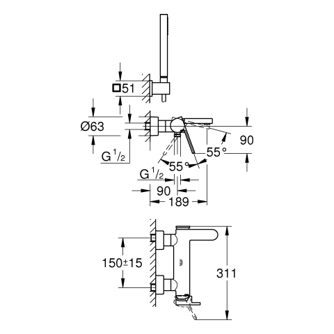 Grohe Plus Einhand-Wannenbatterie chrom Wandmontage mit Brausegarnitur 33547003
