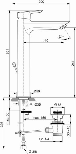 Ideal Standard Tesi Waschtischarmatur BlueStart mit verlängertem Sockel mit Ablaufgarnitur chrom, Ausladung 140mm, 5 l/min A6574AA
