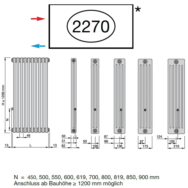 Zehnder Anschlussart 2270, Anschluss links für Charleston, Nabenabstand wählbar 2270