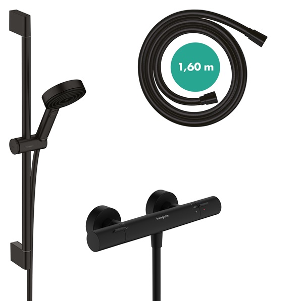 Hansgrohe Brausesystem Pulsify Select S 105 3 jet Eco Relaxation Ecostat Fine Brausestange 650mm schwarzmatt 24262670