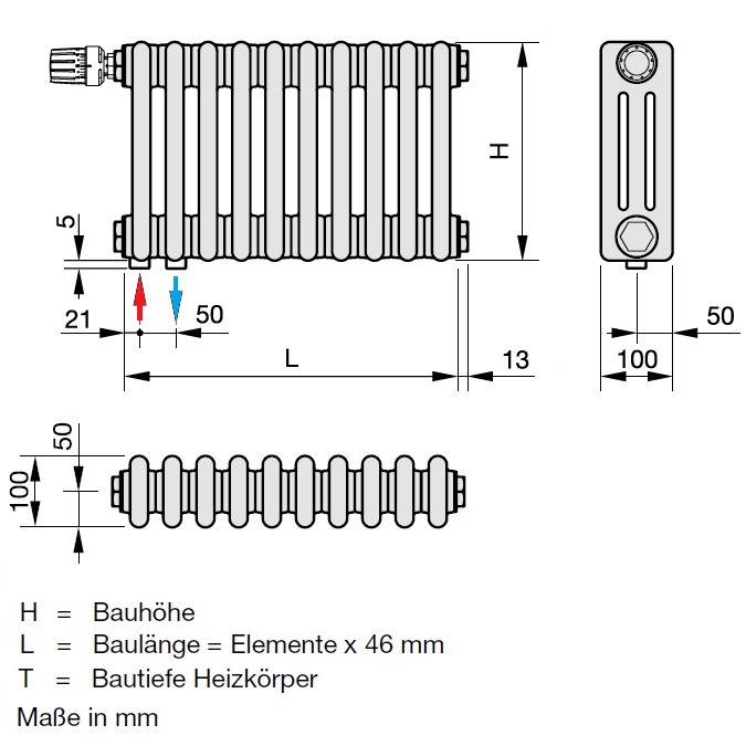 Zehnder Röhrenradiator Charleston Completto 3-Säuler H: 180 L: 101,2cm, Modell 3180-22, weiß ZC134422B1C1000