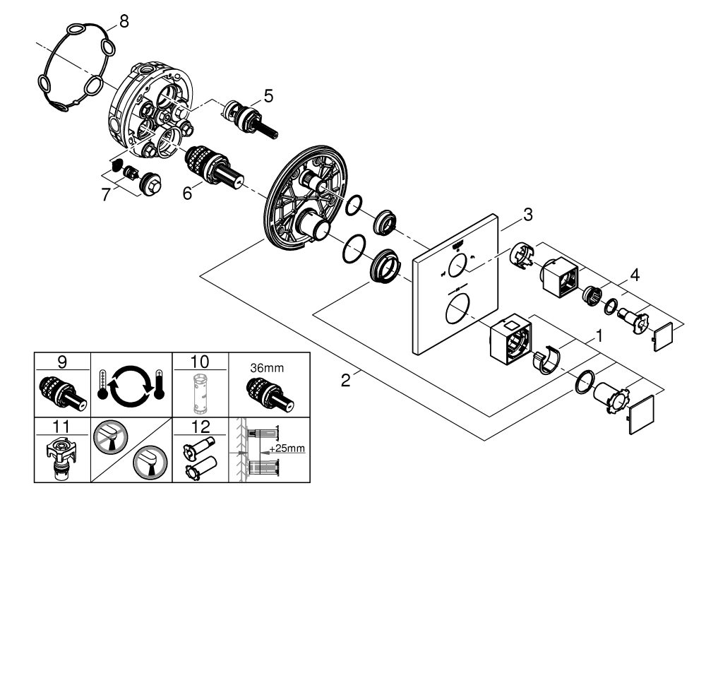 Grohe Thermostat-Wannenbatterie Grohtherm Cube supersteel Fertigmontage-Set für 35600 2-Wege-Umstellung 24155DC0