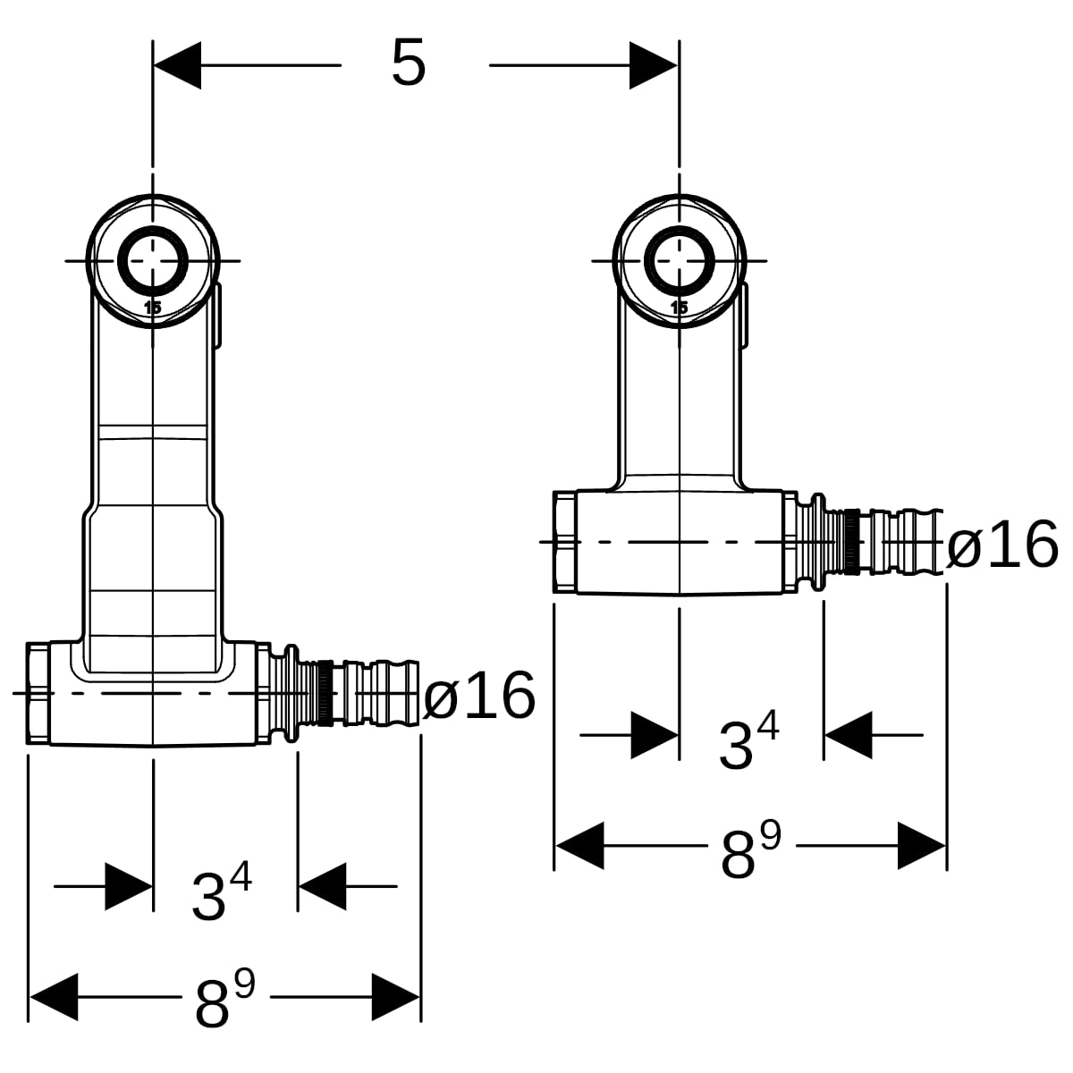 Geberit Mepla Set Anschluss-Endstück für Vorlauf/Rücklauf mit Anschlussverschraubung d15-16 611.364.22.7