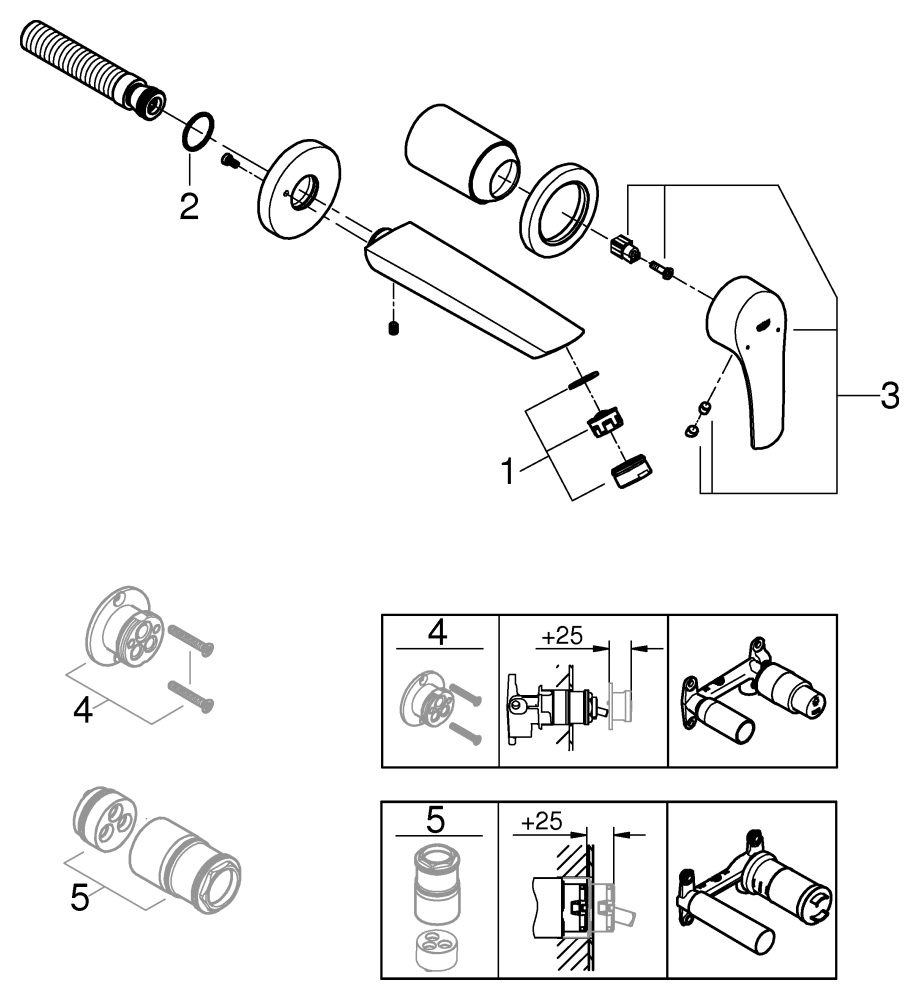 Grohe 2-Loch-Waschtisch-Wandbatterie Eurosmart chrom Fertigmontage-Set für 23571 Ausladung 171mm 29337003
