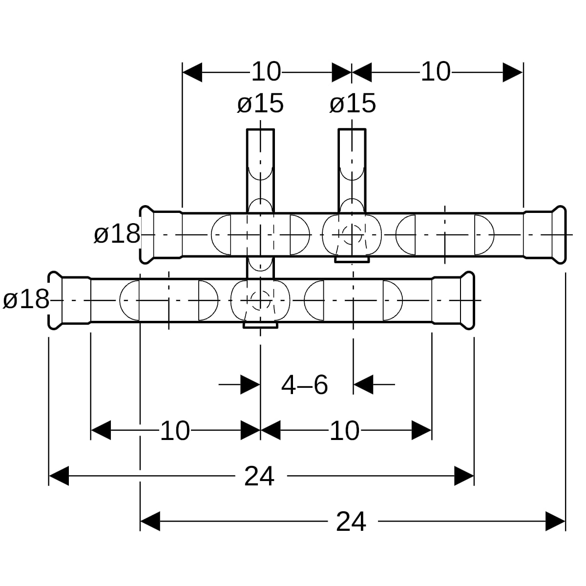 Geberit Mapress C-Stahl Anschluss-T-Stück-Set für Vor- und Rücklauf d18-15 24003