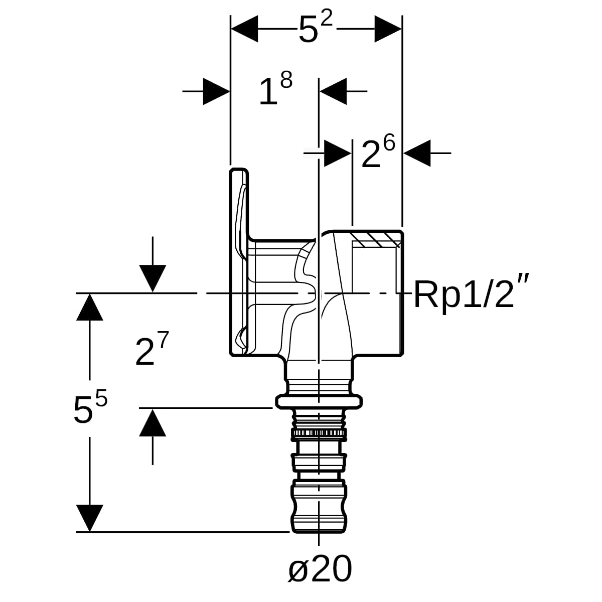 Geberit Mepla Anschlusswinkel 90 Grad Rotguss d20-Rp1/2 L:52mm 602.293.00.5