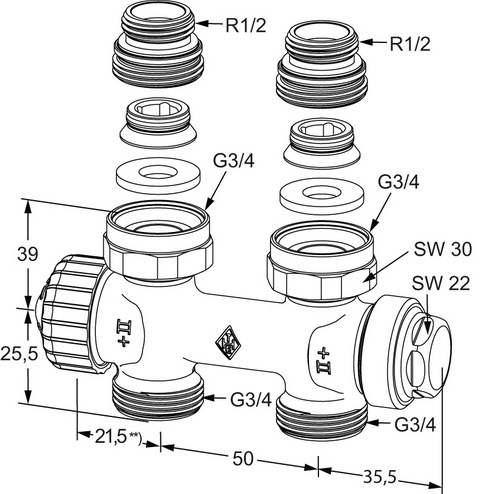 Heimeier Ventil Multilux Zweirohr Durchgang 1/2" Inngengewinde 3850-02.000