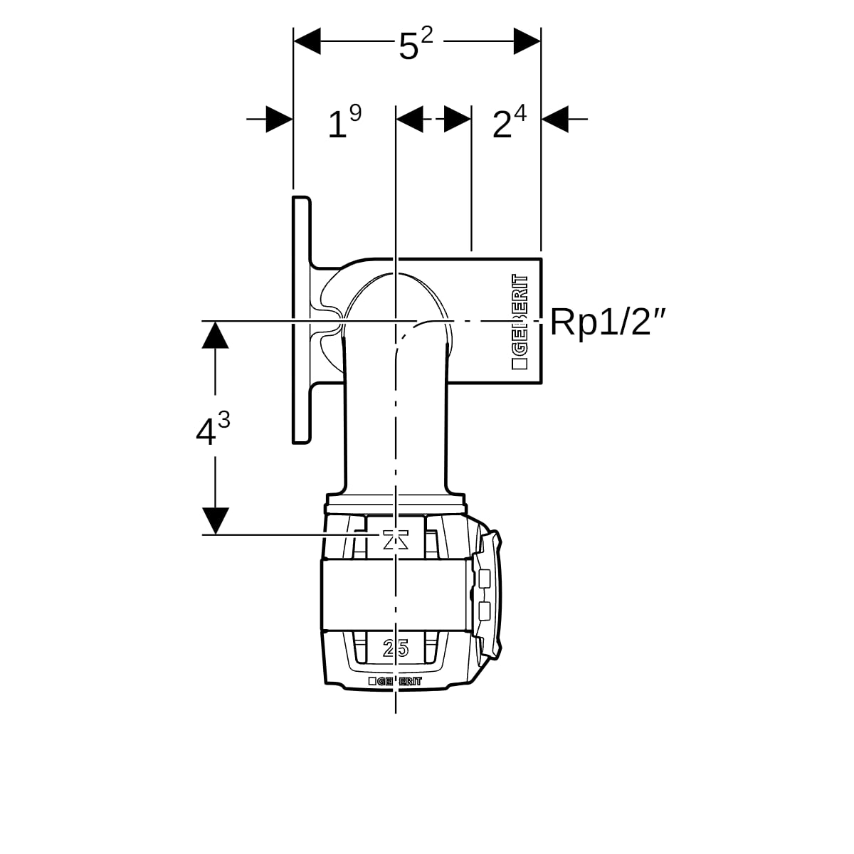 Geberit FlowFit Doppelanschlusswinkel 90 Grad Rg+ d20-Rp1/2-d20 L:52mm 620.851.00.1