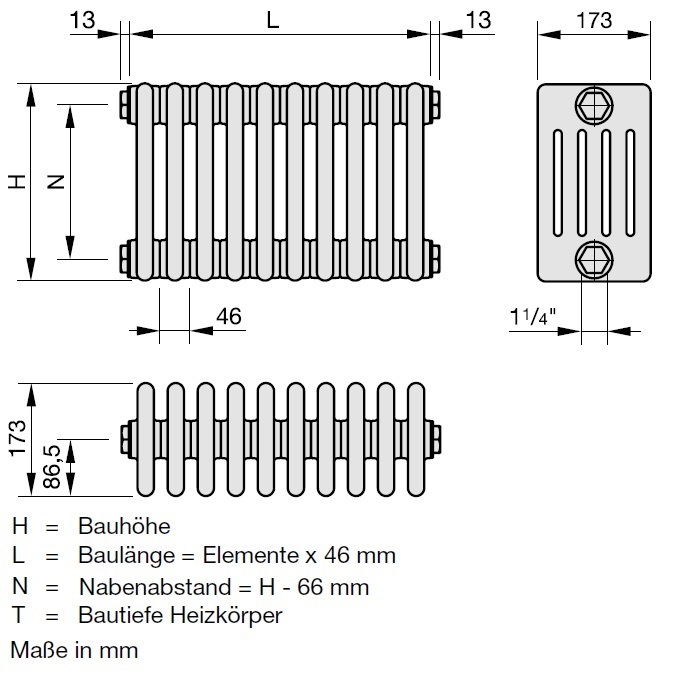 Zehnder Röhrenradiator Charleston Austausch 5-Säuler H: 36,6 L: 294,4cm, Modell 5037-64, weiß ZC351064B101000