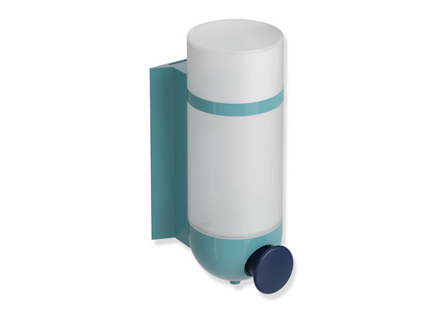 HEWI Seifenspender, Wandsockel / Halterung aquablau, Drucktaste stahlblau, Behälter / Deckel, matt weiß, 500ml, 477.06.11025