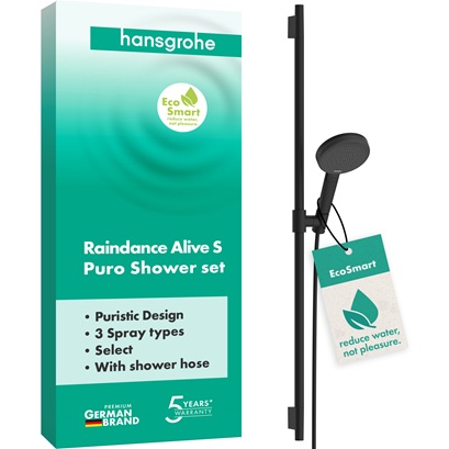 Hansgrohe Brauseset Raindance Alive Select S 125 3jet EcoSmart mit Brausestange Unica S Puro 900mm, Mattschwarz 24603670