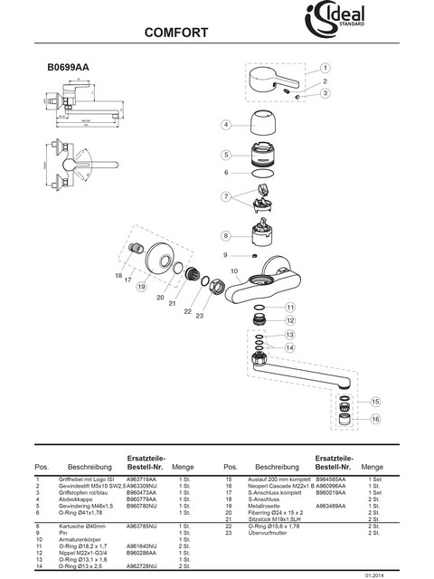 Ideal Standard Rohrauslauf, G3/4, 200mm, komplett zu B0106, chrom B964585AA