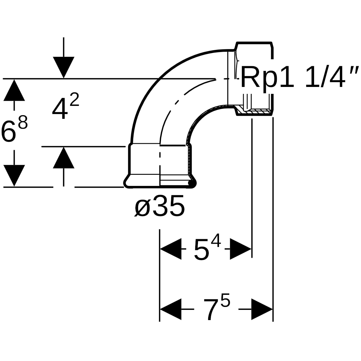 Geberit Mapress C-Stahl Übergangsbogen 90 Grad mit IG d35-Rp1 1/4 verzinkt 20560