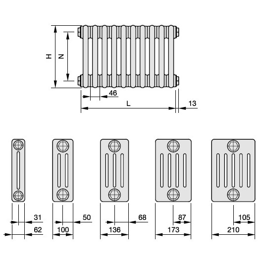 Zehnder Anschlussart 6210, seitlich unten rechts für Charleston, Anschluss 2-Rohr mit externem Ventil 6210