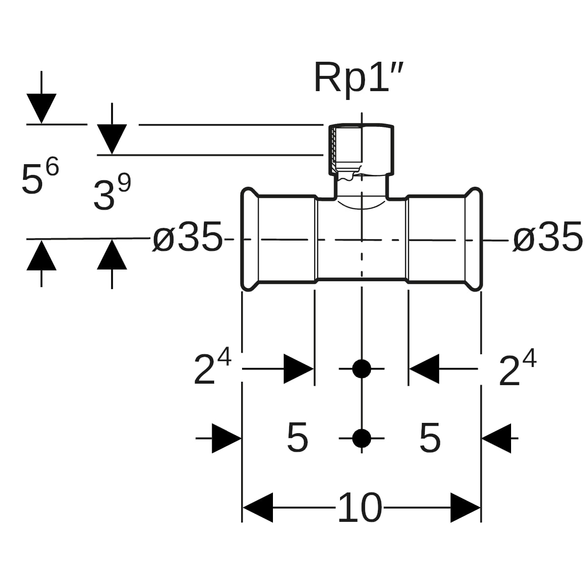 Geberit Mapress Edelstahl T-Stück mit IG d35-Rp1-35 31314