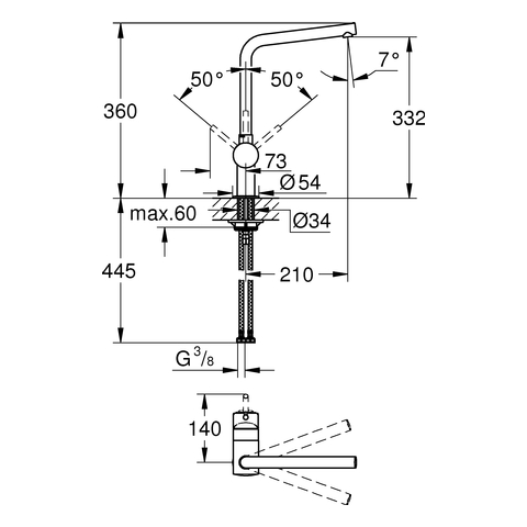 Grohe Minta Einhebel-Spültischbatterie supersteel L-Auslauf, Ausladung 210mm 31375DC0
