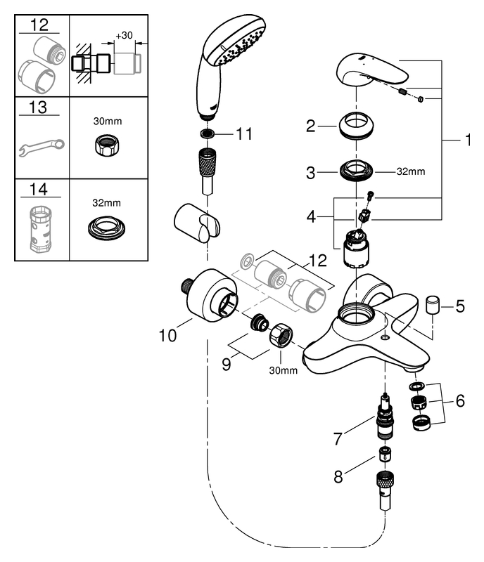 Grohe Eurostyle Einhand-Wannenbatterie chrom mit Wandhalterset Hebel geschlossen 2372930A