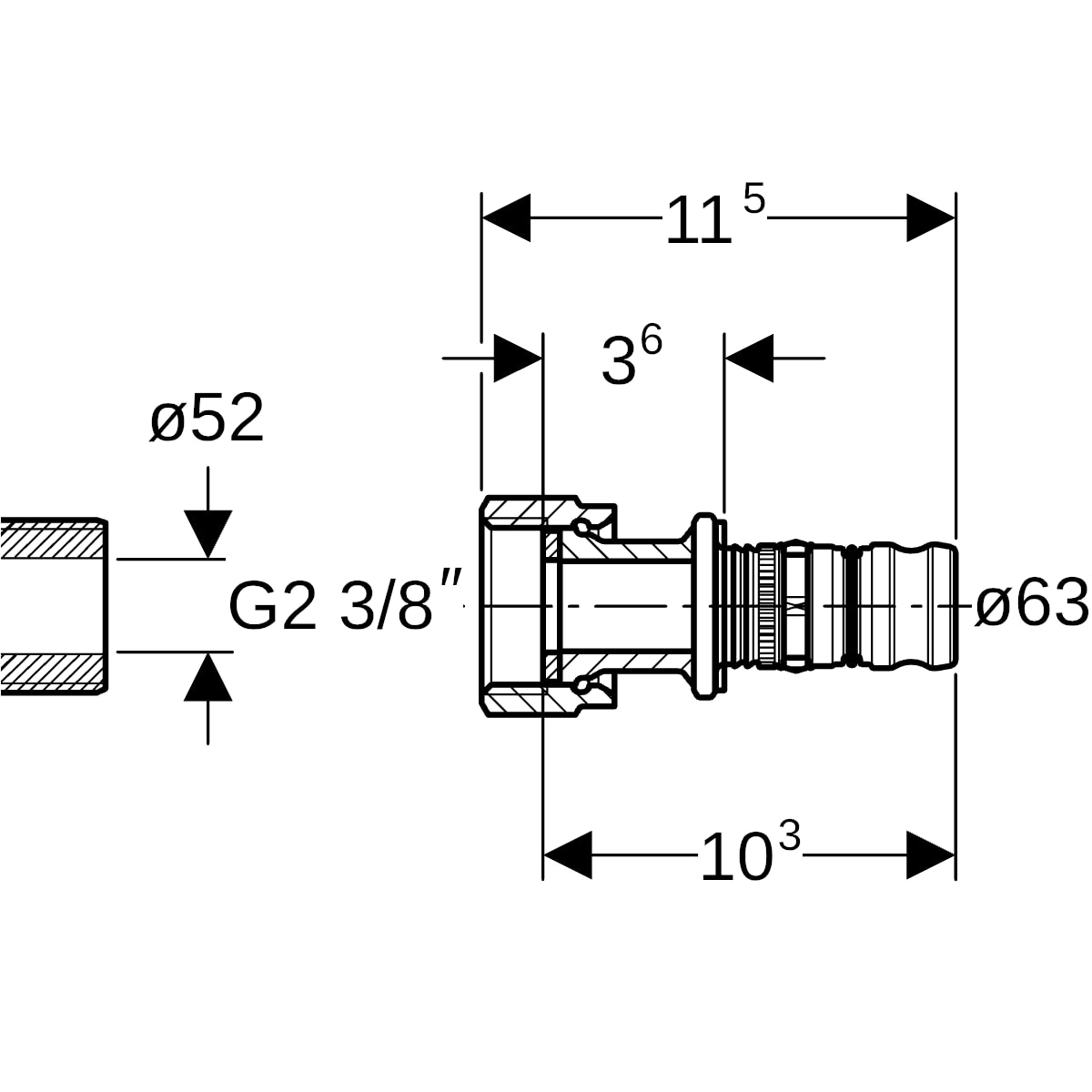 Geberit Mepla Übergang mit Überwurfmutter Rotguss d63-G2 3/8 607.583.00.5