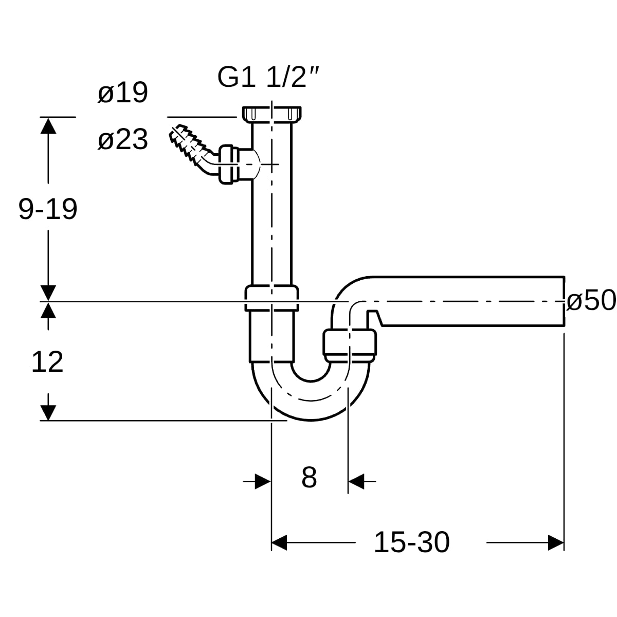 Geberit Rohrbogengeruchsverschluss für ein Spülbecken Abgang horizontal G1 1/2x50 OM 152.711.11.1