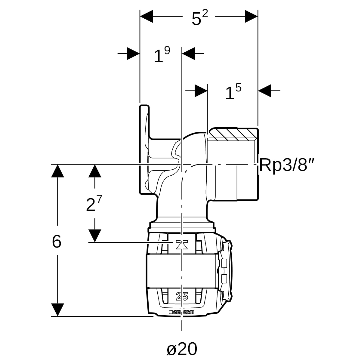 Geberit FlowFit Anschlusswinkel 90 Grad Rg+ d20-Rp3/8 L:52mm 620.801.00.1