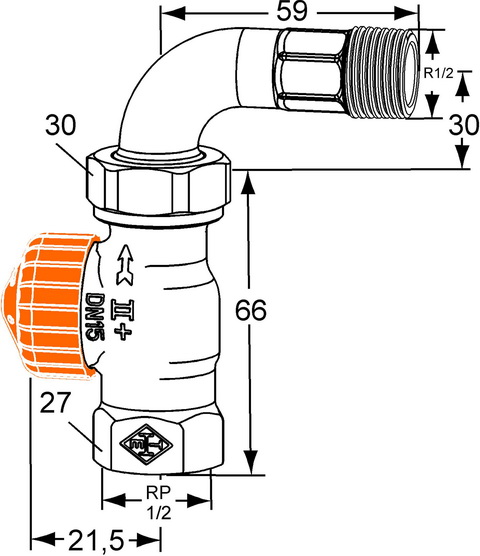 Heimeier Thermostatventil Eclipse, Durchgang mit Bogenverschraubung, DN15 1/2", automatische Durchflussregelung 3944-02.000