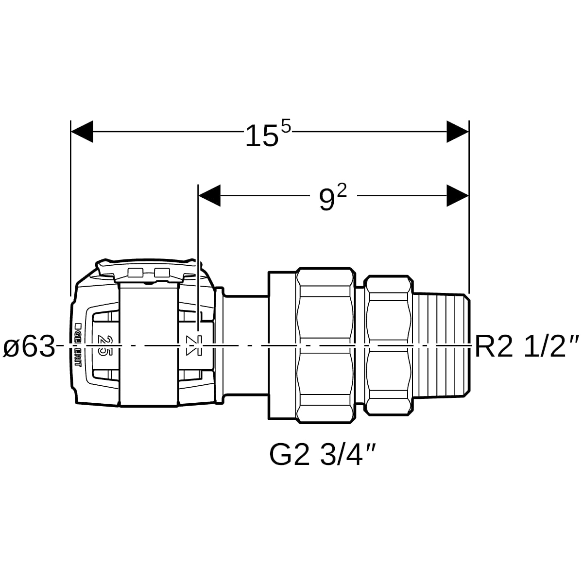 Geberit FlowFit Übergangsverschraubung mit AG SiBr d63-R2 1/2 620.596.00.1