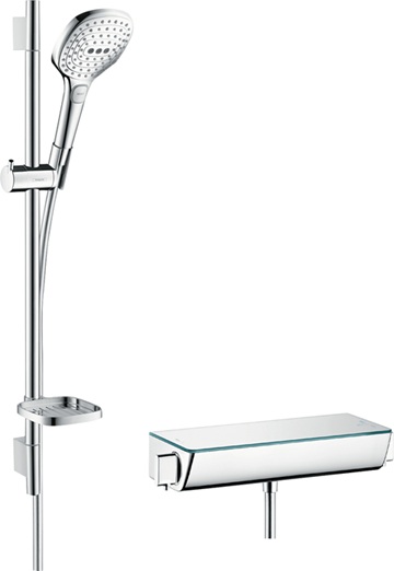 Hansgrohe Brausesystem Aufputz Raindance Select E 120 3jet mit Ecostat Select Thermostat und Brausestange 650mm, Weiß/Chrom 27038400