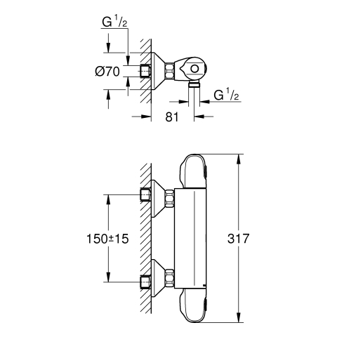 Grohe Grohtherm 1000 Thermostat-Brausebatterie chrom Wandmontage eigensicher 34814003
