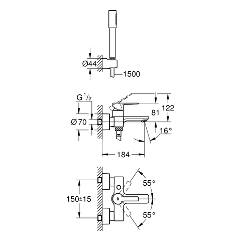 Grohe Lineare Einhand-Wannenbatterie chrom Wandmontage mit Brausegarnitur 33850001