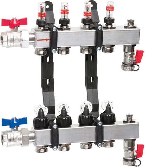 Taconova Fussbodenheizungs-Verteiler TacoSys High End 12er 2.5 L ohne KH mit Vorlauf-Topmeter / Handverstellung 286.4312.000