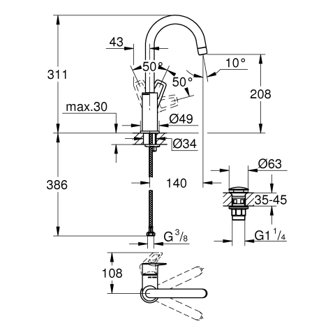Grohe Einhand-Waschtisch-Batterie BauLoop L-Size chrom Push-Open Ablaufgarnitur 23891001